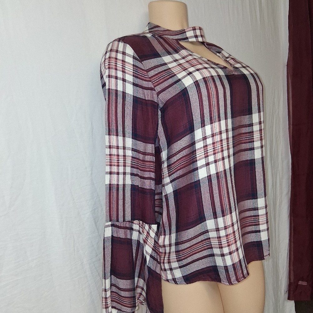 American Rag Cie Plainbell Vtg Burgundy Plaid Choker Blouse.Vtg Boho retro.Casua - Picture 9 of 16